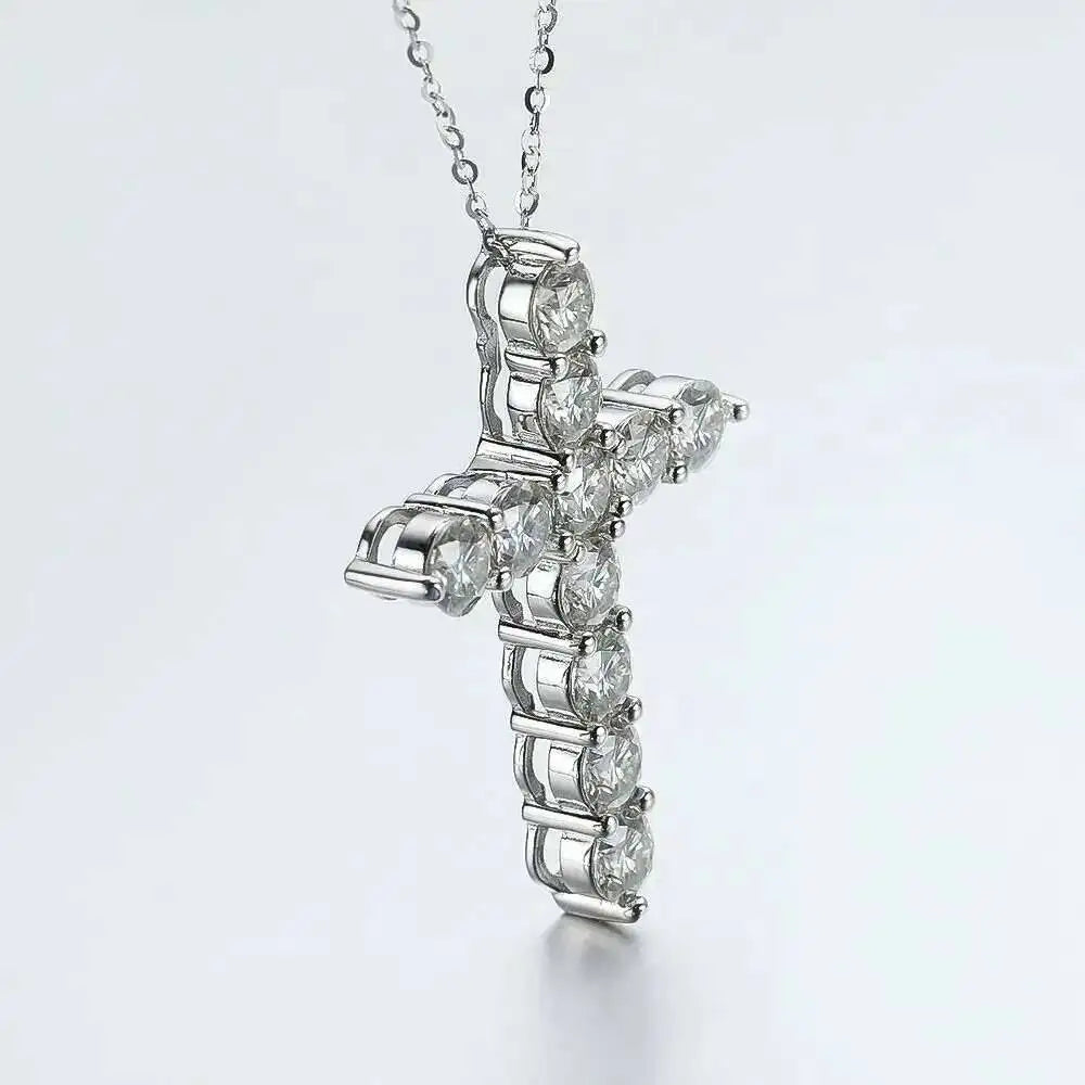 Full Moissanite Cross Pendant Original Sterg Sliver Chain Plated White Gold Fine Necklace for Women Jewelry