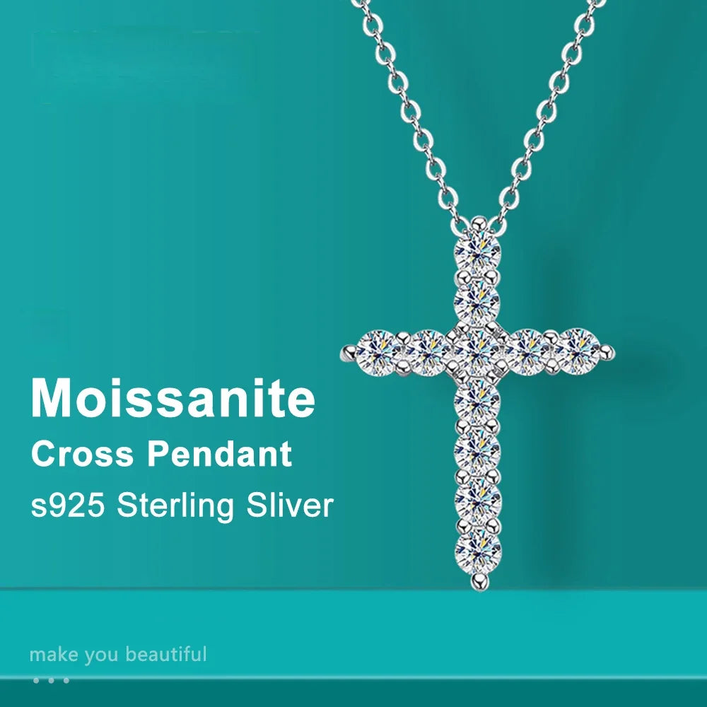 Full Moissanite Cross Pendant Original Sterg Sliver Chain Plated White Gold Fine Necklace for Women Jewelry