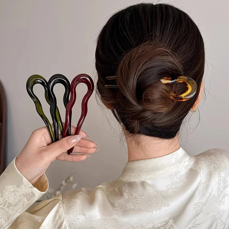 U-Shaped Hair Fork Vintage Tortoiseshell Acetate Acrylic Hairpin Geometric Design Headwear Hair Sticks Women Girls Accessories