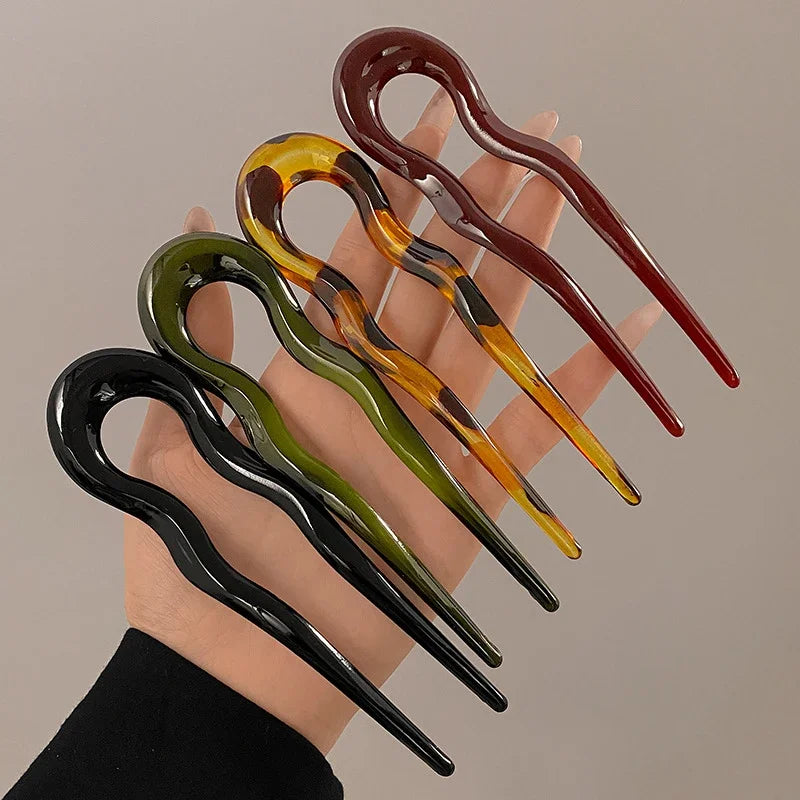 U-Shaped Hair Fork Vintage Tortoiseshell Acetate Acrylic Hairpin Geometric Design Headwear Hair Sticks Women Girls Accessories